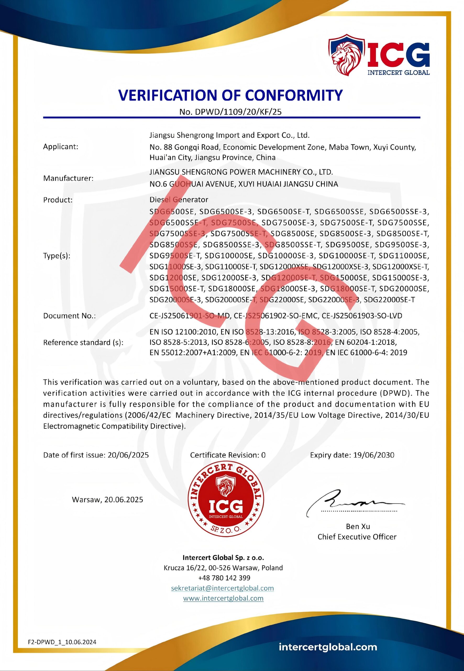 ICG Certification-Diesel Generator